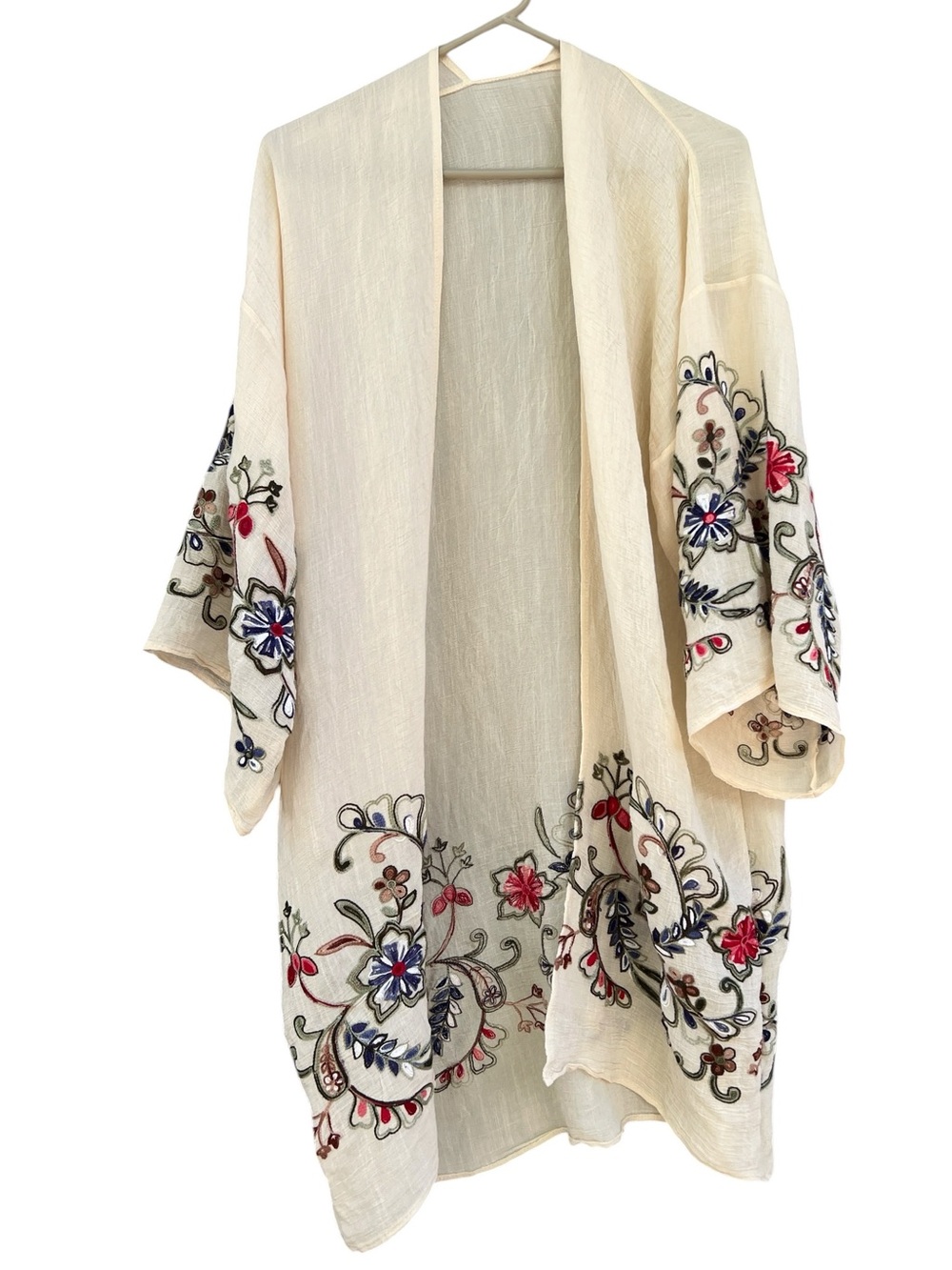 Cream Sheer Floral Embroidered Open-Front Women's Kimono Coverup Boho Beach - Picture 2 of 11